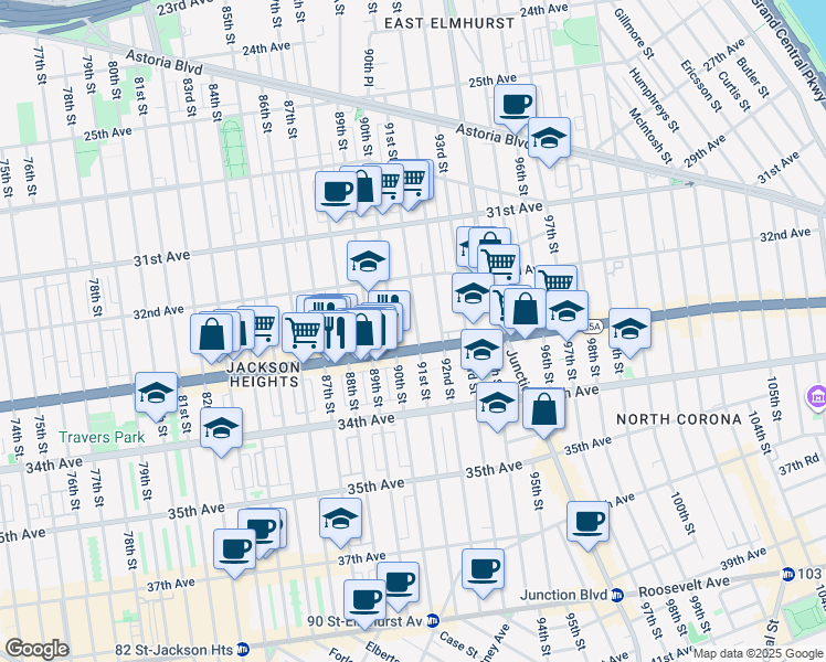map of restaurants, bars, coffee shops, grocery stores, and more near 32-42 91st Street in Queens