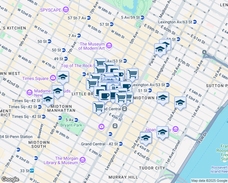 map of restaurants, bars, coffee shops, grocery stores, and more near 589 5th Avenue in New York