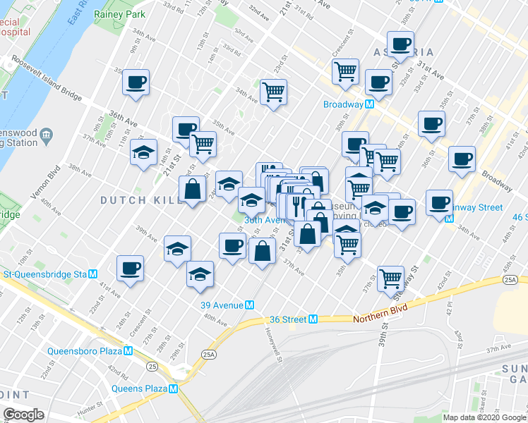 map of restaurants, bars, coffee shops, grocery stores, and more near 36-32 29th Street in Queens