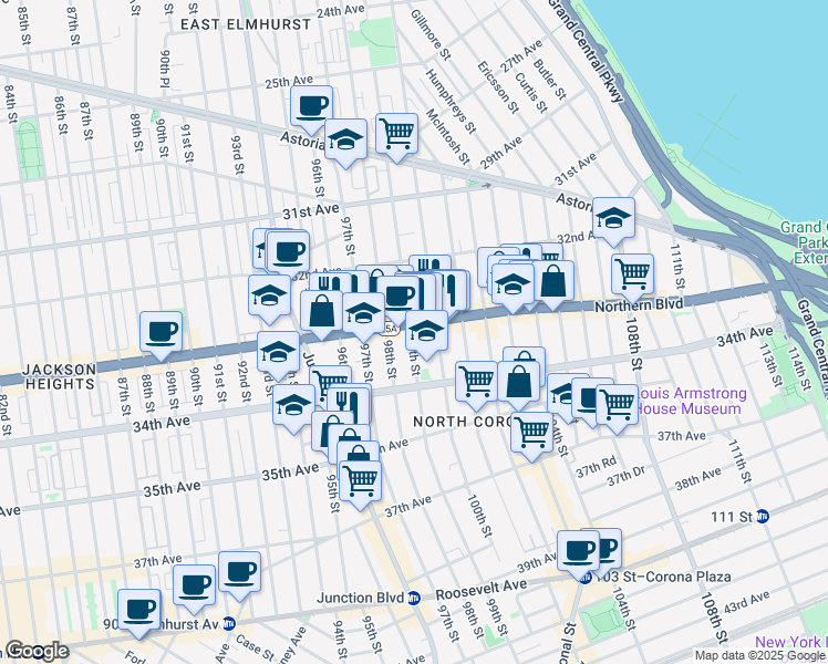 map of restaurants, bars, coffee shops, grocery stores, and more near 33-23 99th Street in Queens