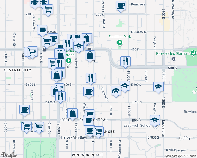 map of restaurants, bars, coffee shops, grocery stores, and more near 933 East 600 South in Salt Lake City