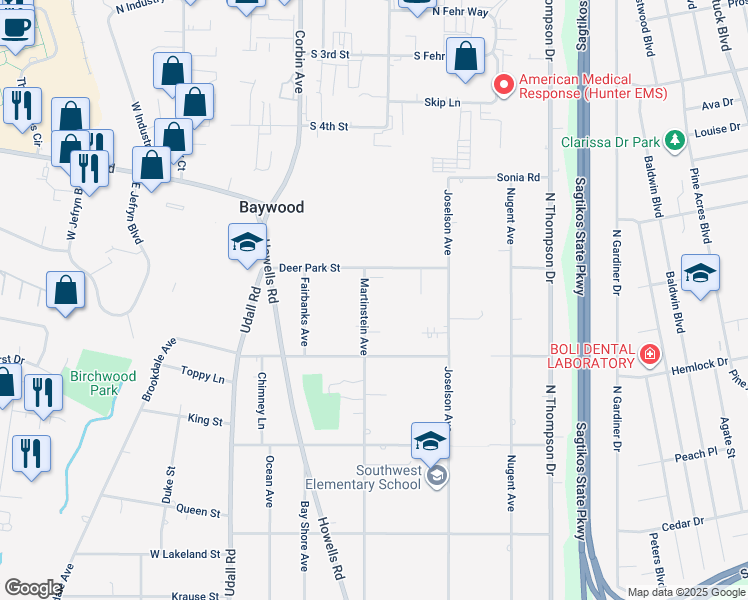 map of restaurants, bars, coffee shops, grocery stores, and more near 1146 Martinstein Avenue in Bay Shore