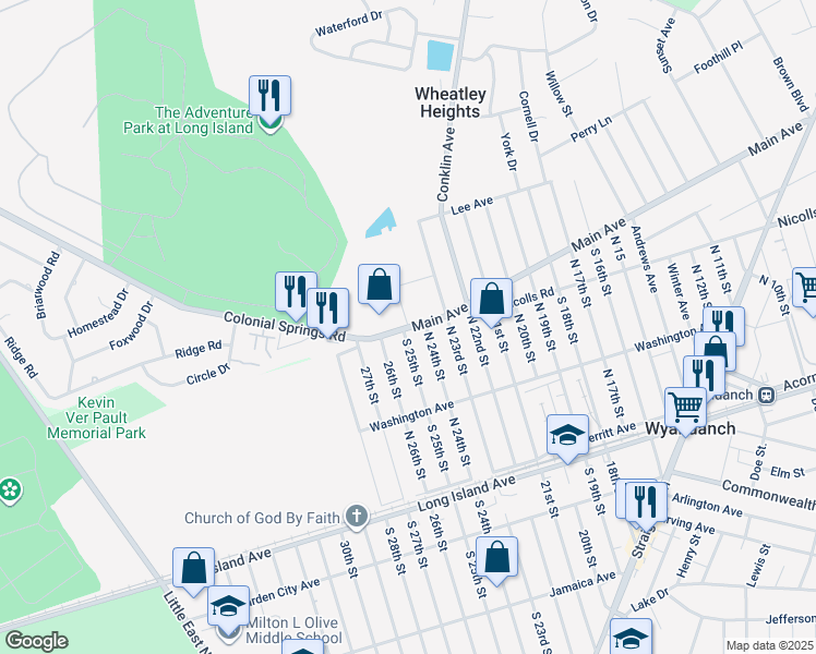 map of restaurants, bars, coffee shops, grocery stores, and more near 176 North 24th Street in Wyandanch