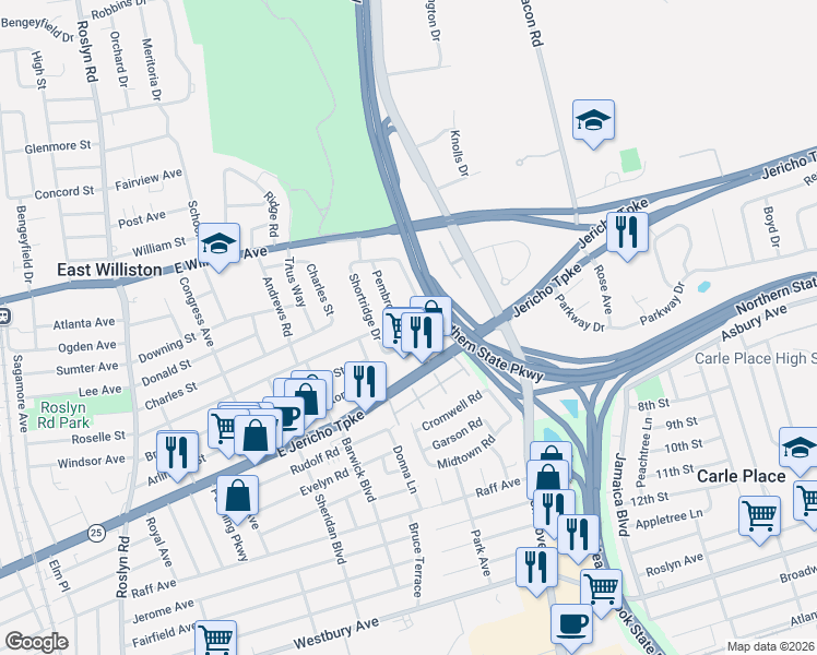 map of restaurants, bars, coffee shops, grocery stores, and more near 4 Jay Court in Mineola