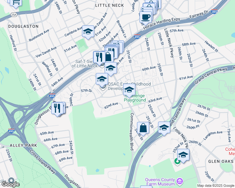 map of restaurants, bars, coffee shops, grocery stores, and more near 245-72 61st Avenue in Queens