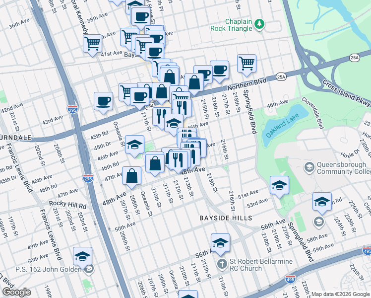 map of restaurants, bars, coffee shops, grocery stores, and more near 47-03 213th Street in Queens