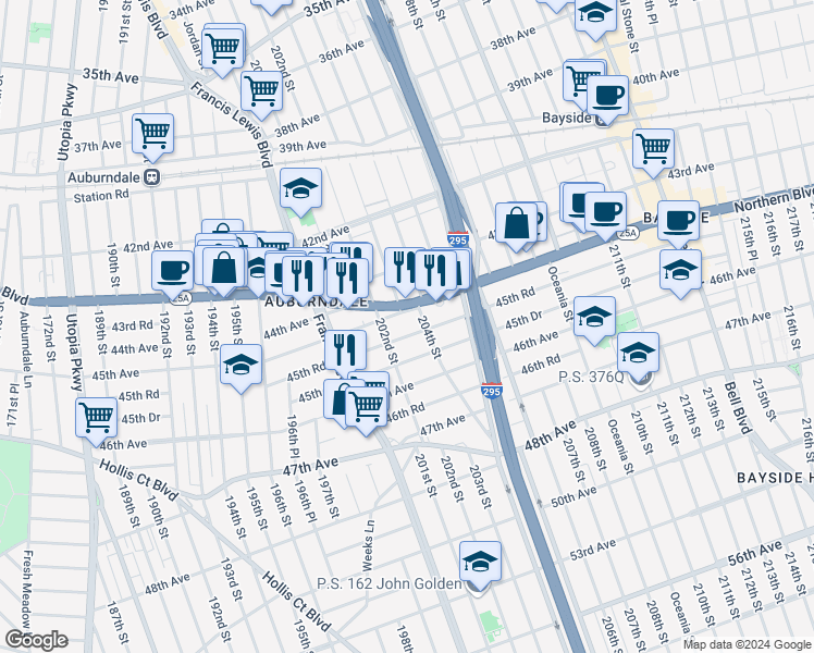 map of restaurants, bars, coffee shops, grocery stores, and more near 45-29 202nd Street in Queens