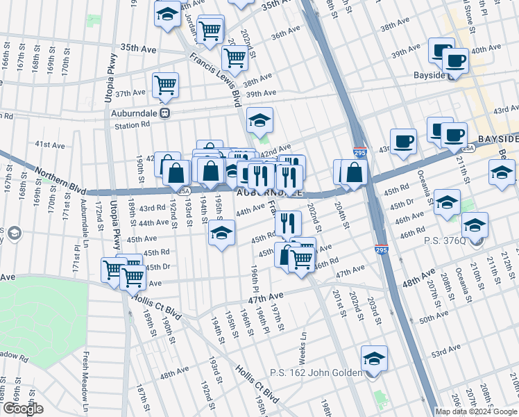 map of restaurants, bars, coffee shops, grocery stores, and more near 53 45th Avenue in Queens