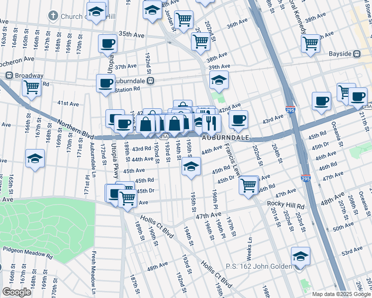 map of restaurants, bars, coffee shops, grocery stores, and more near 43-56 195th Street in Queens