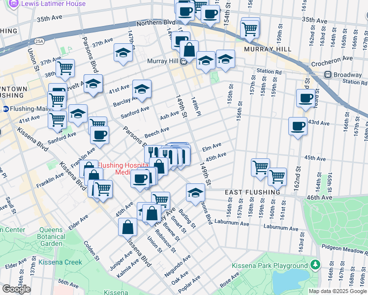 map of restaurants, bars, coffee shops, grocery stores, and more near 147-15 Elm Avenue in Queens
