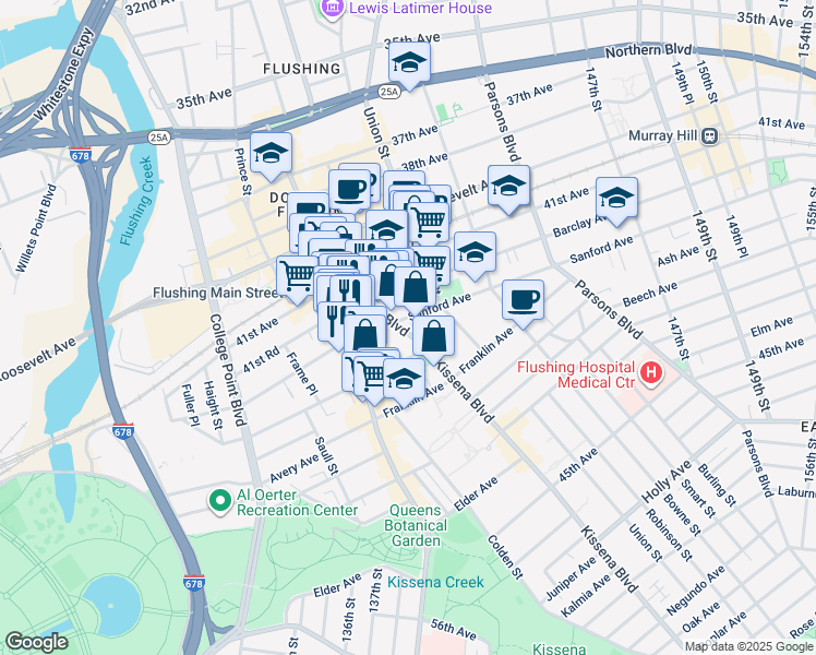 map of restaurants, bars, coffee shops, grocery stores, and more near 42-6 Kissena Boulevard in Queens