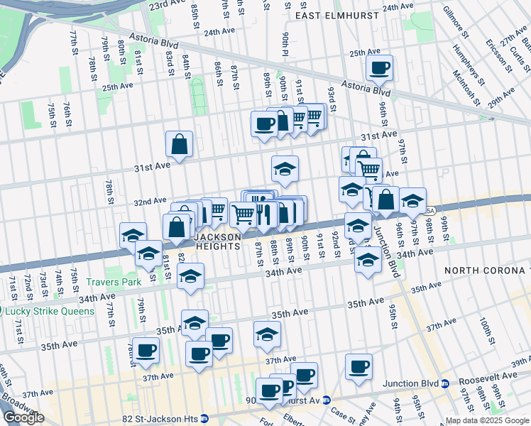 map of restaurants, bars, coffee shops, grocery stores, and more near 88-09 Northern Boulevard in Queens