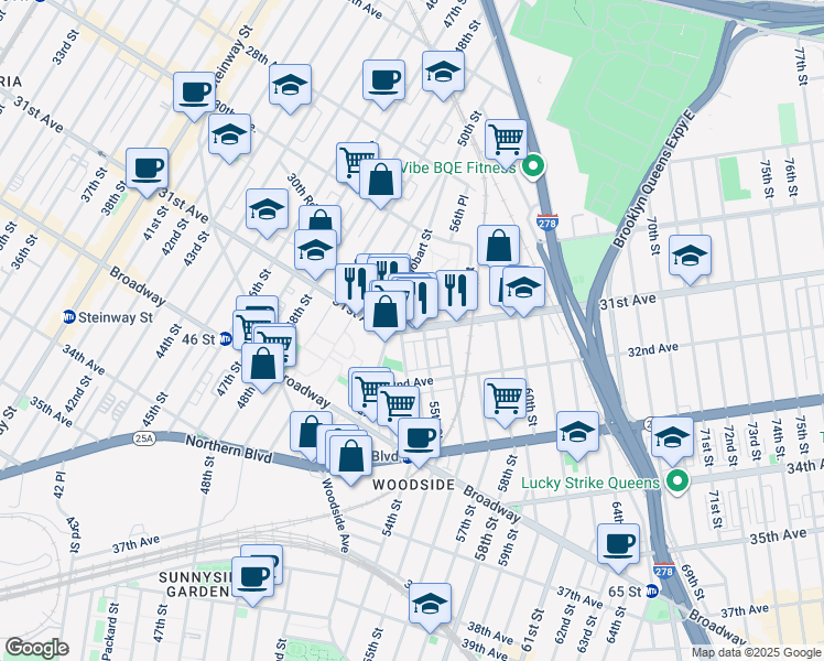 map of restaurants, bars, coffee shops, grocery stores, and more near 31-18 55th Street in Queens