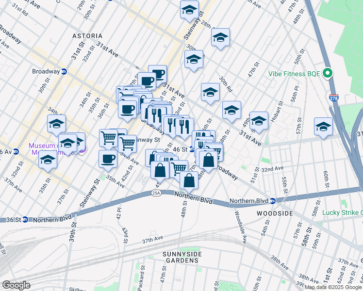 map of restaurants, bars, coffee shops, grocery stores, and more near 45 01 Broadway in Queens