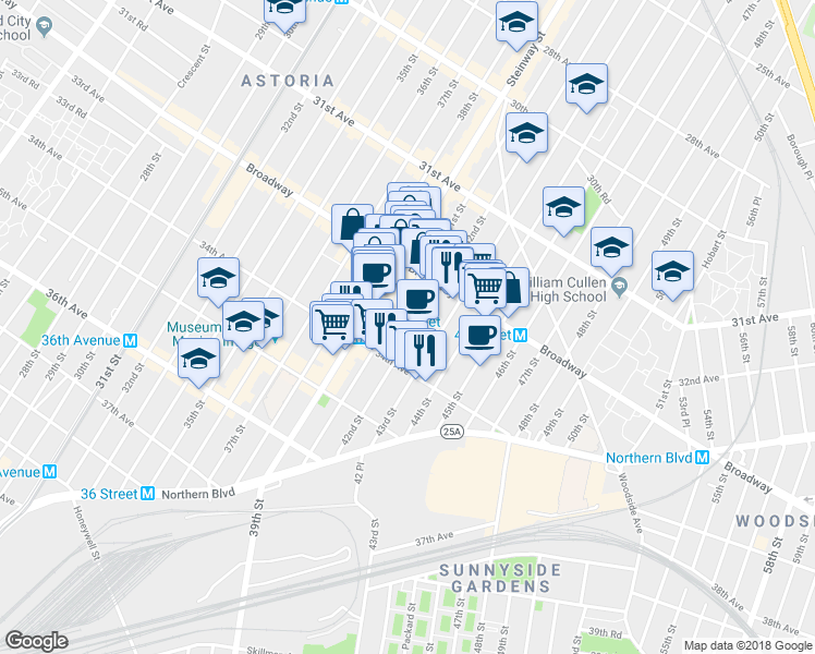 map of restaurants, bars, coffee shops, grocery stores, and more near 32-65 42nd Street in Queens