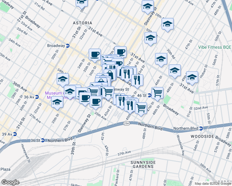 map of restaurants, bars, coffee shops, grocery stores, and more near 32-65 42nd Street in Queens