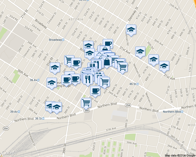 map of restaurants, bars, coffee shops, grocery stores, and more near 4015 34th Avenue in Queens
