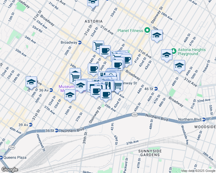 map of restaurants, bars, coffee shops, grocery stores, and more near 3410 Steinway Street in Queens