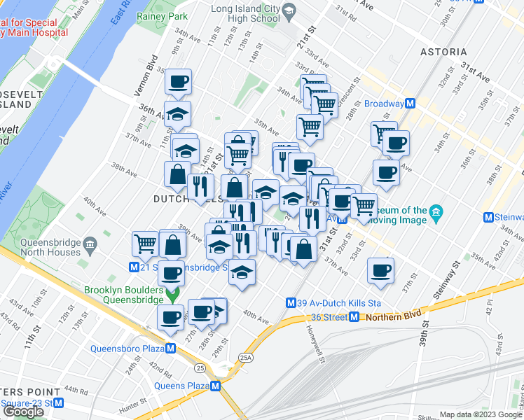 map of restaurants, bars, coffee shops, grocery stores, and more near Crescent Street in Queens