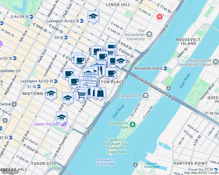 map of restaurants, bars, coffee shops, grocery stores, and more near 435 East 55th Street in New York