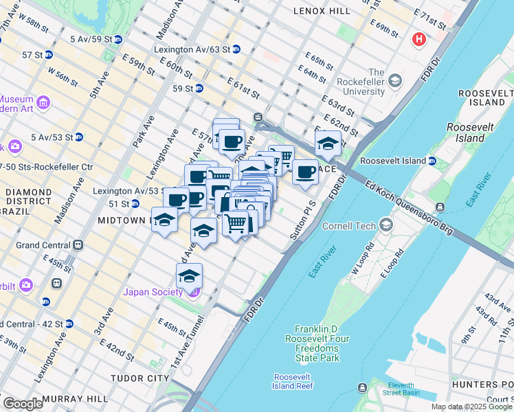 map of restaurants, bars, coffee shops, grocery stores, and more near 360 East 55th Street in New York