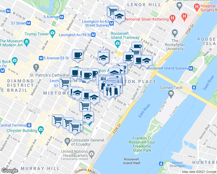 map of restaurants, bars, coffee shops, grocery stores, and more near 348 East 54th Street in New York