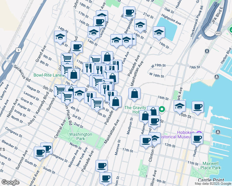 map of restaurants, bars, coffee shops, grocery stores, and more near 308 8th Street in Union City