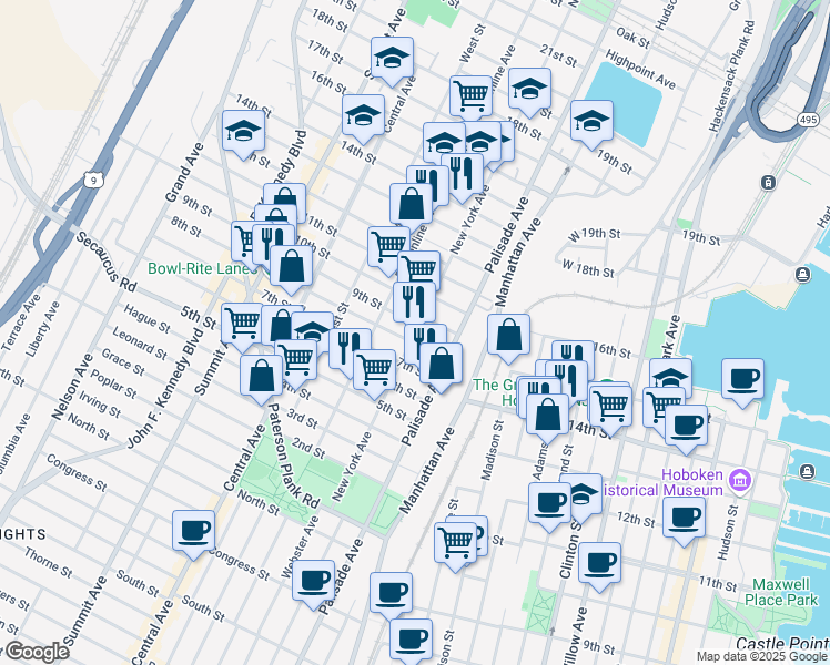 map of restaurants, bars, coffee shops, grocery stores, and more near 308 8th Street in Union City