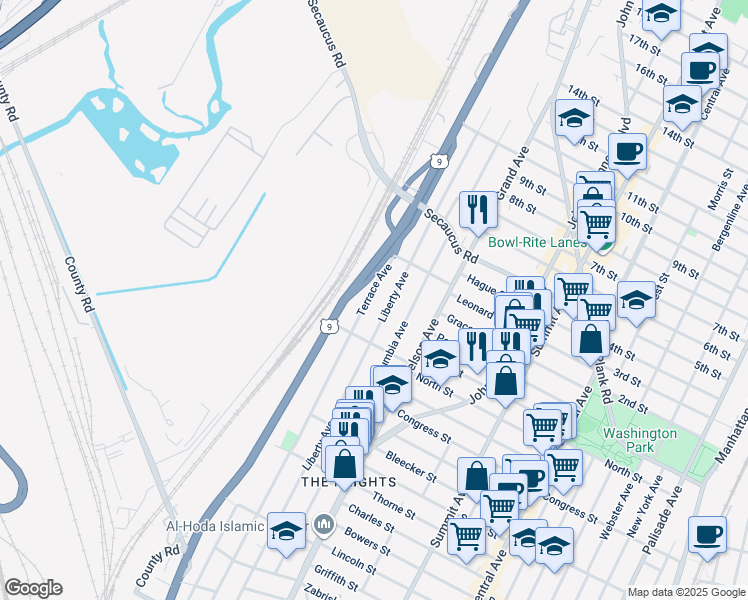 map of restaurants, bars, coffee shops, grocery stores, and more near 300 County Road 649 in Jersey City