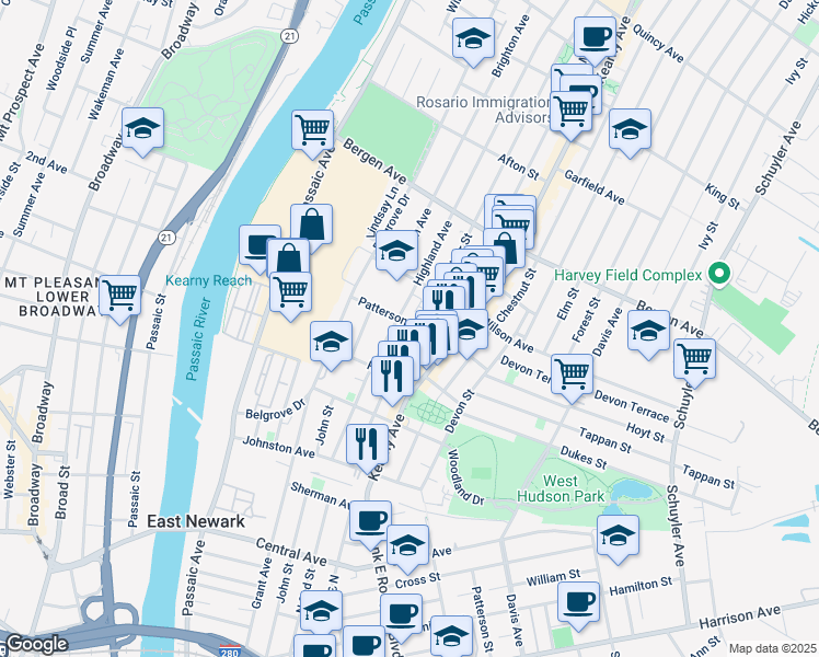 map of restaurants, bars, coffee shops, grocery stores, and more near 112 Maple Street in Kearny