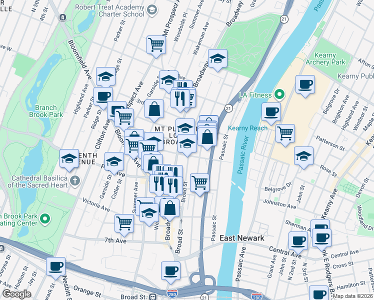 map of restaurants, bars, coffee shops, grocery stores, and more near 169 Broad Street in Newark