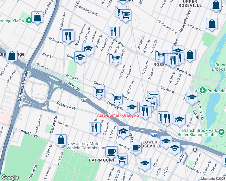 map of restaurants, bars, coffee shops, grocery stores, and more near 7TH Avenue I in Newark