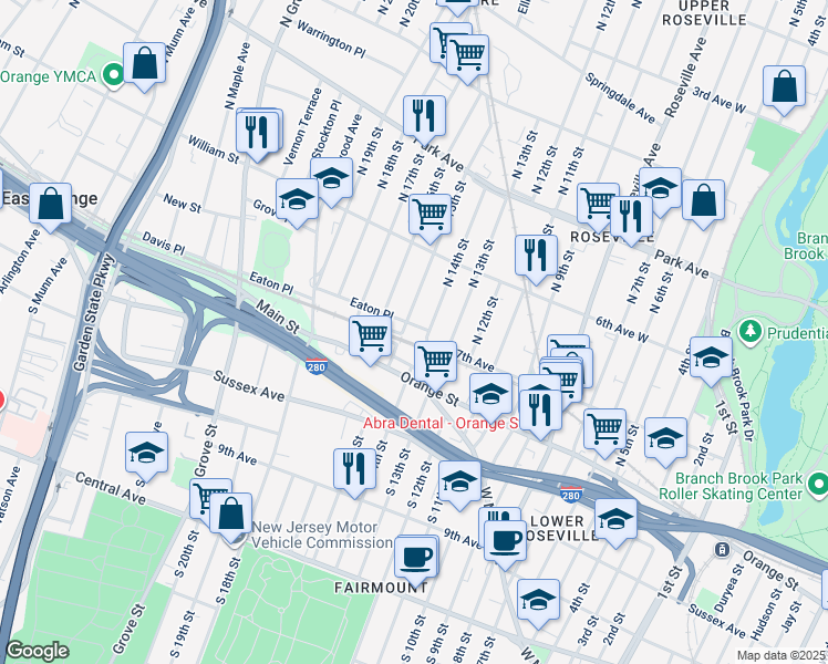 map of restaurants, bars, coffee shops, grocery stores, and more near 10 Hedden Place in East Orange