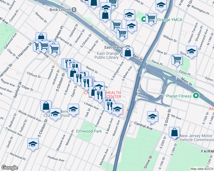 map of restaurants, bars, coffee shops, grocery stores, and more near 138 South Arlington Avenue in East Orange