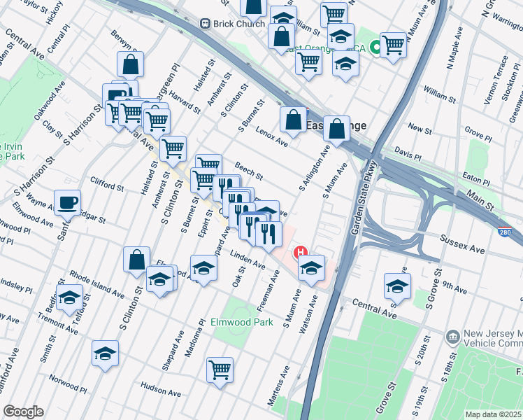 map of restaurants, bars, coffee shops, grocery stores, and more near 22 Nassau Place in East Orange