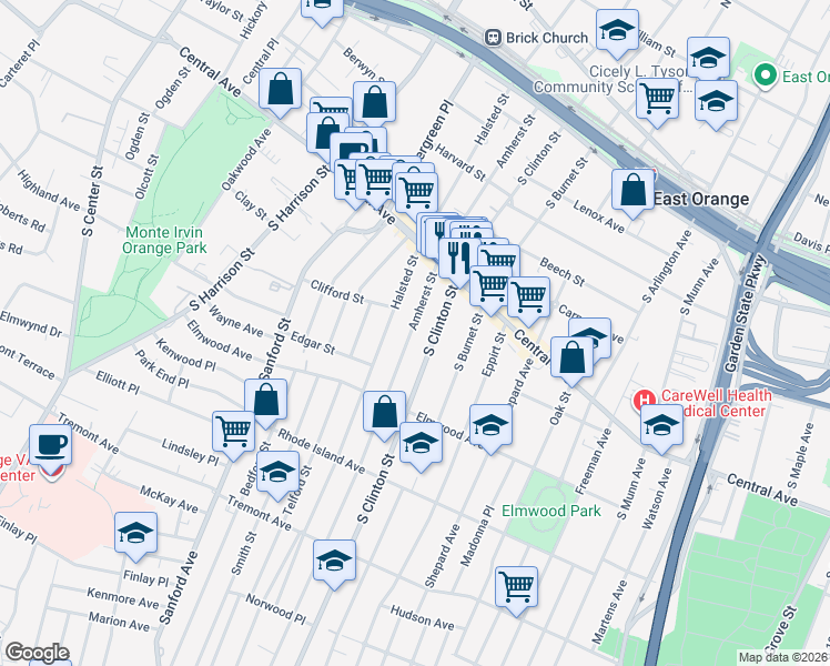 map of restaurants, bars, coffee shops, grocery stores, and more near in East Orange