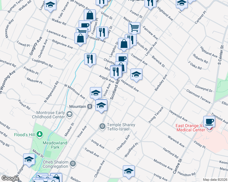 map of restaurants, bars, coffee shops, grocery stores, and more near 65 Randolph Place in West Orange