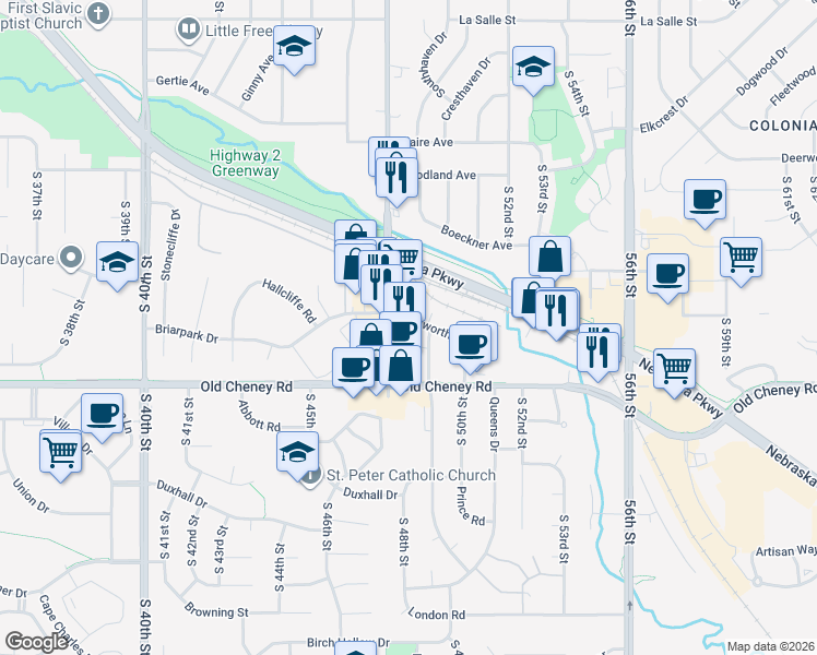 map of restaurants, bars, coffee shops, grocery stores, and more near 5609 South 49th Street in Lincoln