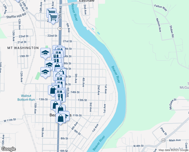 map of restaurants, bars, coffee shops, grocery stores, and more near 1602 3rd Avenue in Beaver Falls