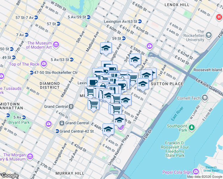 map of restaurants, bars, coffee shops, grocery stores, and more near East 52nd Street in New York