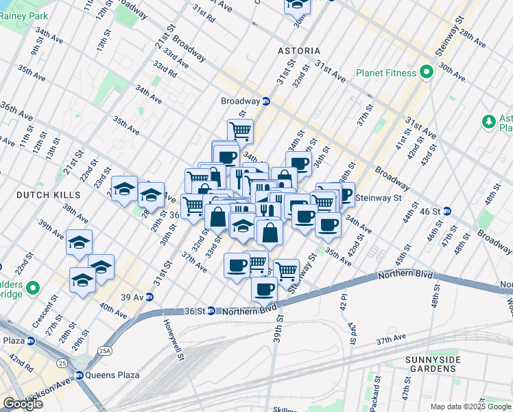 map of restaurants, bars, coffee shops, grocery stores, and more near 35th Avenue & 34th Street in Queens
