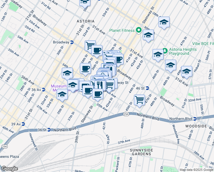 map of restaurants, bars, coffee shops, grocery stores, and more near 4015 34th Avenue in Queens