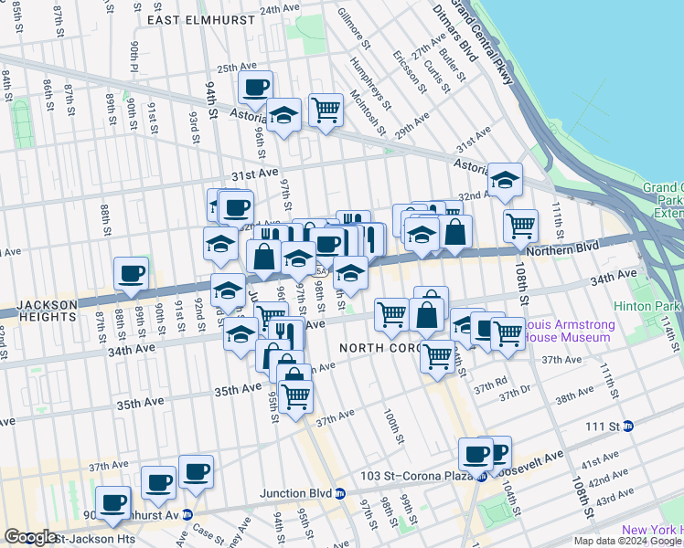 map of restaurants, bars, coffee shops, grocery stores, and more near 9904 Northern Boulevard in Queens