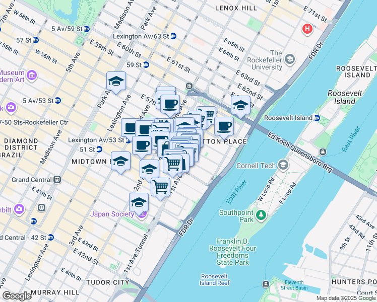 map of restaurants, bars, coffee shops, grocery stores, and more near 360 East 55th Street in New York