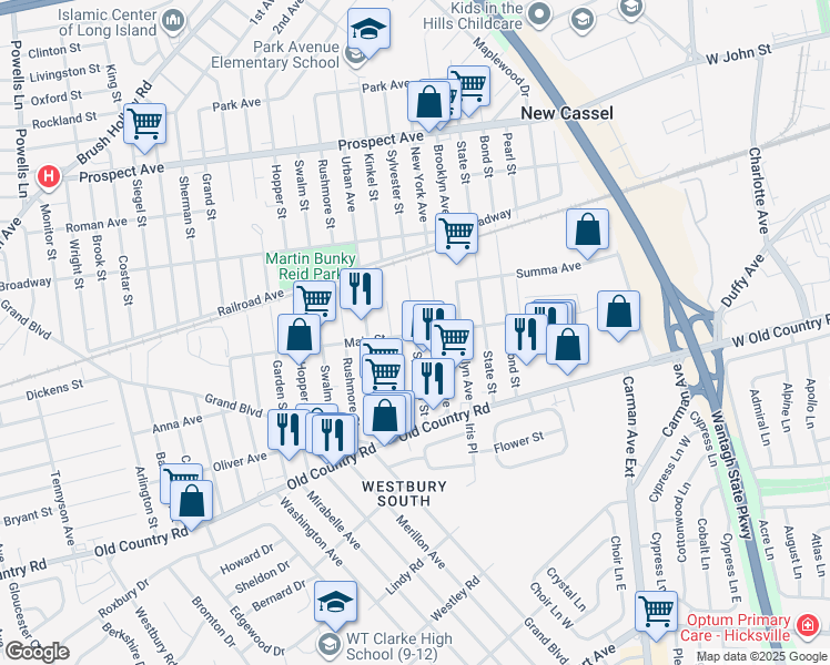 map of restaurants, bars, coffee shops, grocery stores, and more near 73 Sylvester Street in Westbury