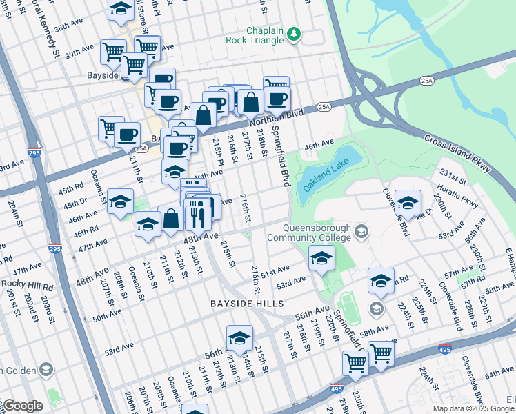 map of restaurants, bars, coffee shops, grocery stores, and more near 47-30 217th Street in Queens