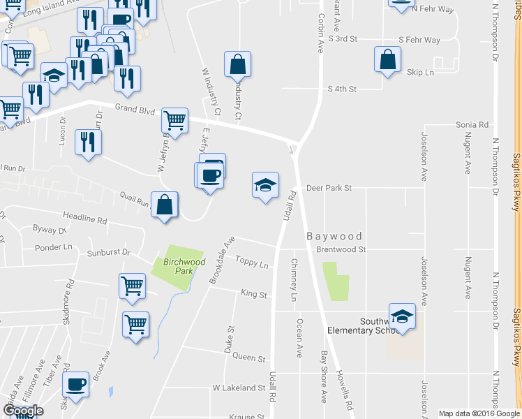 map of restaurants, bars, coffee shops, grocery stores, and more near 2030 Udall Road in Bay Shore
