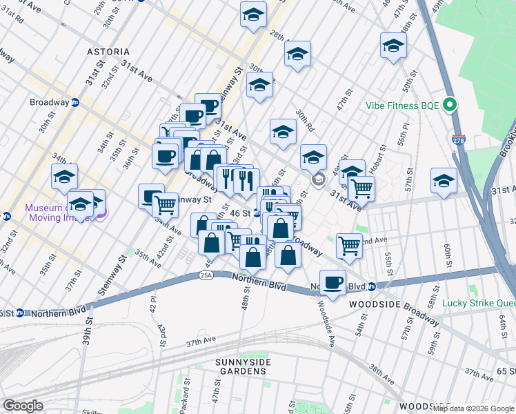 map of restaurants, bars, coffee shops, grocery stores, and more near in Queens