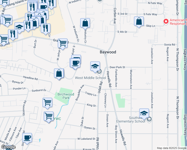 map of restaurants, bars, coffee shops, grocery stores, and more near 2030 Udall Road in Bay Shore