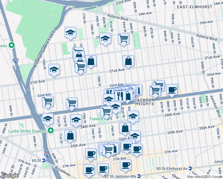 map of restaurants, bars, coffee shops, grocery stores, and more near 32-30 79th Street in Queens